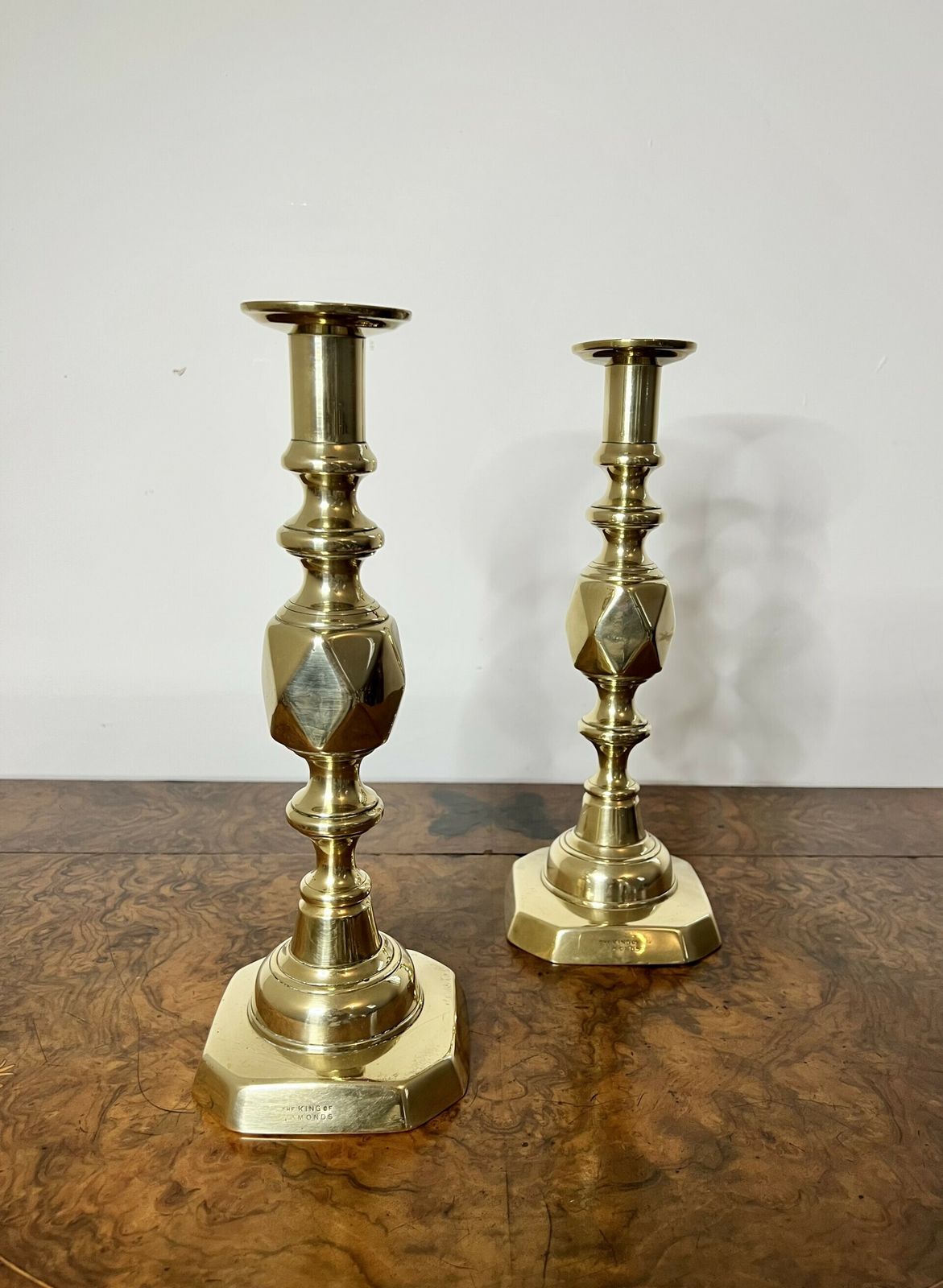 Large Pair Of Antique Quality Brass Candlesticks King Of Diamonds photo for sale