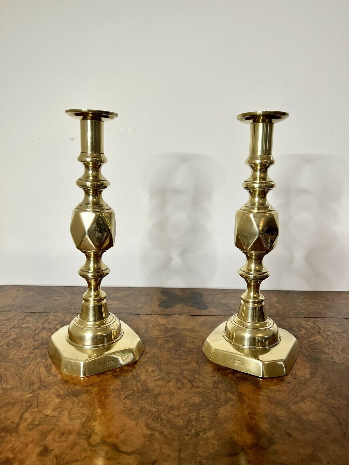 Large Pair Of Antique Quality Brass Candlesticks King Of Diamonds photo 575.0