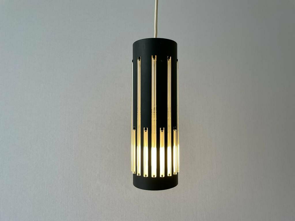 Modernist Cylinder Design Glass & Black Metal Pendant Lamp, 1960s, Italy photo 565.0