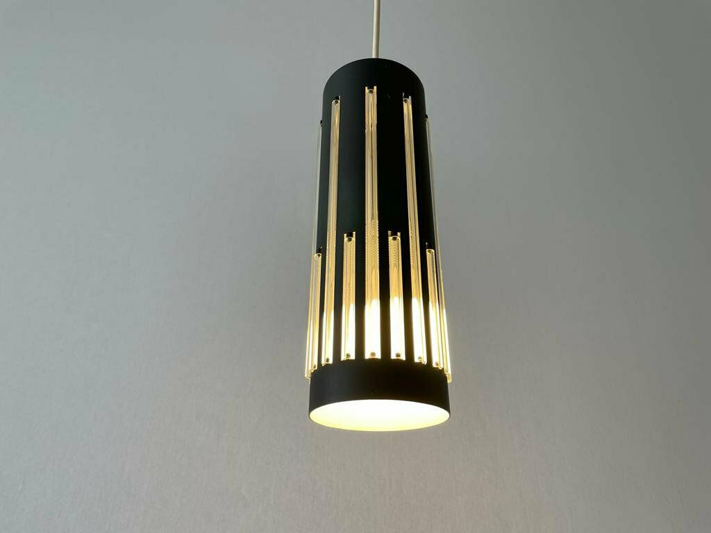 photo for sale Modernist Cylinder Design Glass & Black Metal Pendant Lamp, 1960s, Italy
