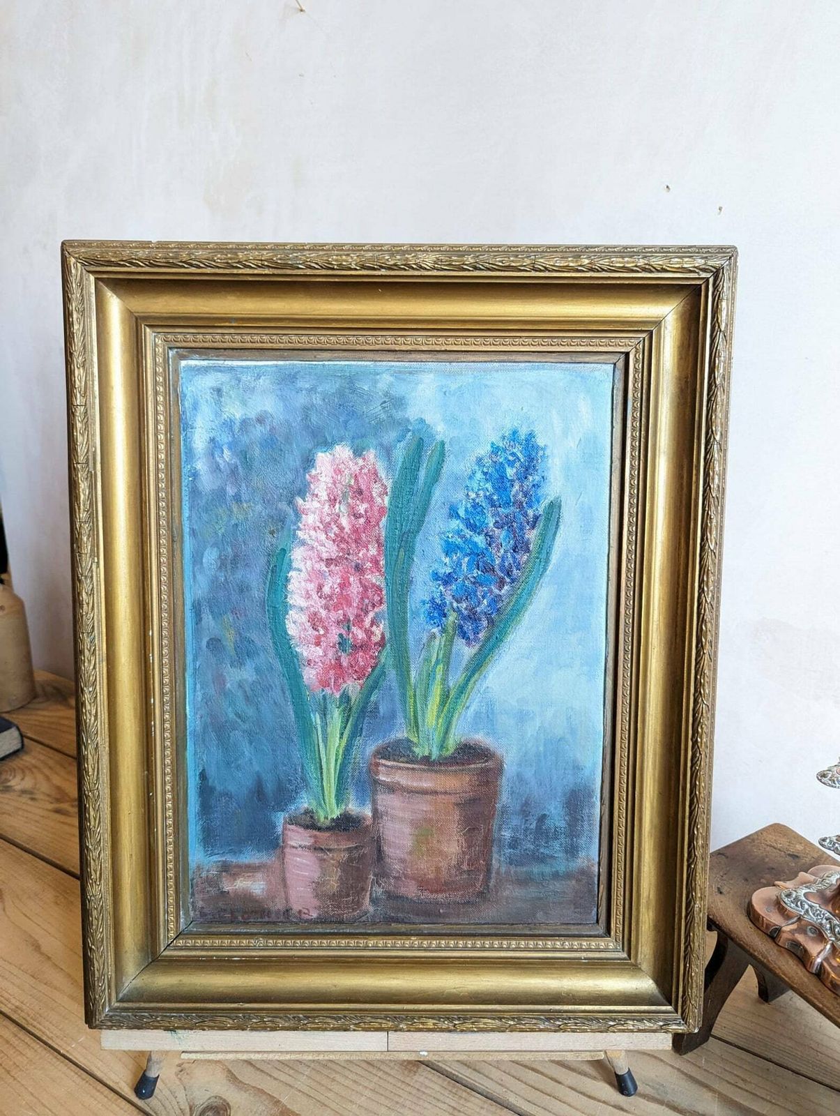 Vintage Floral Painting Oil Painting On Canvas   Floral Still Life Of Hyacinths In Period Frame photo for sale