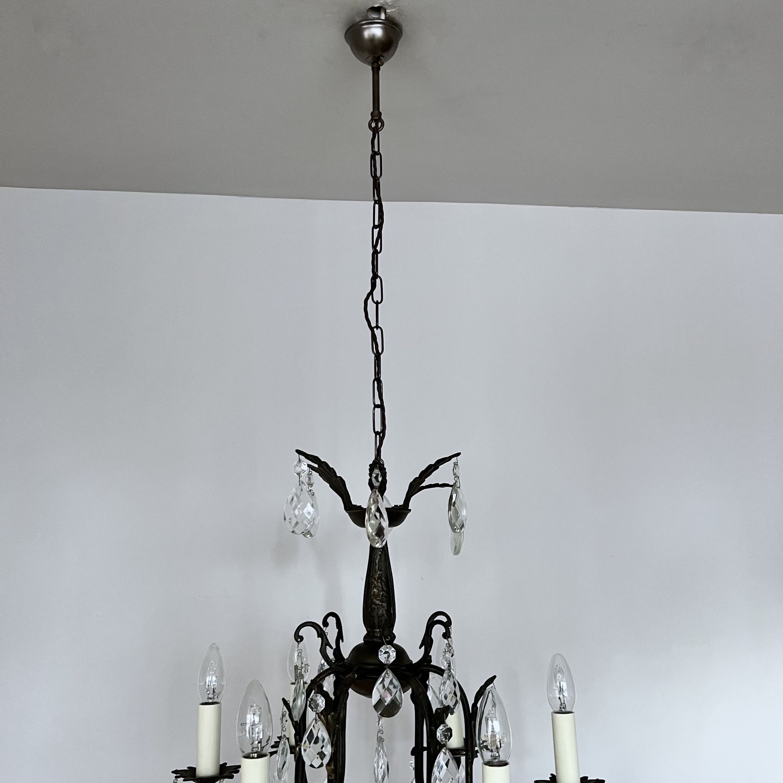 French Brass Birdcage Chandelier With Harlequin Glass Pear Drops photo vintage