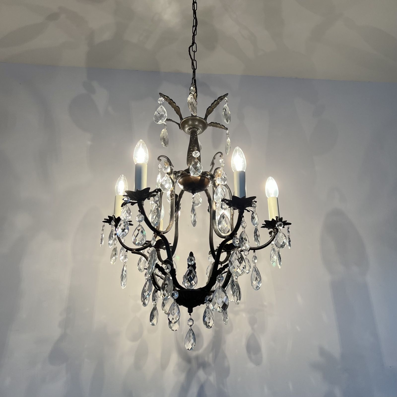 photo for sale French Brass Birdcage Chandelier With Harlequin Glass Pear Drops