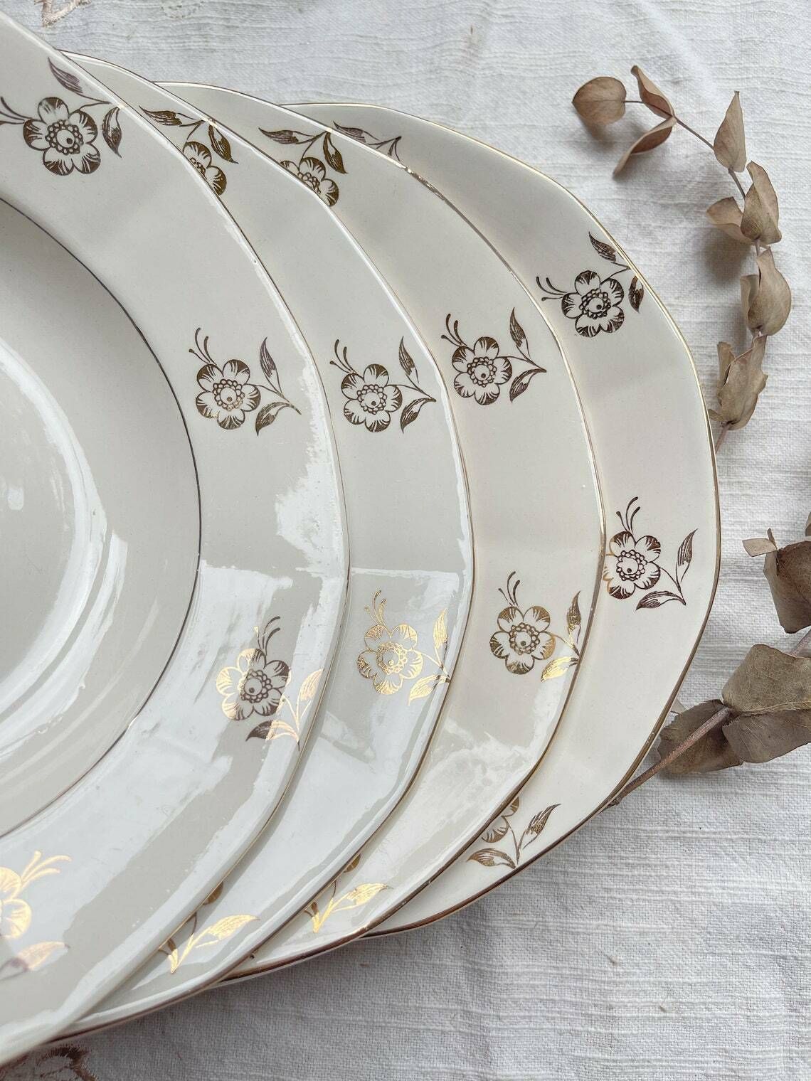 7 Vintage Porcelain Soup Plates Digoin Sarreguemines Model Raphael Golden Flower Pattern  Vintage Tableware  Golden Soup Plate photo for sale