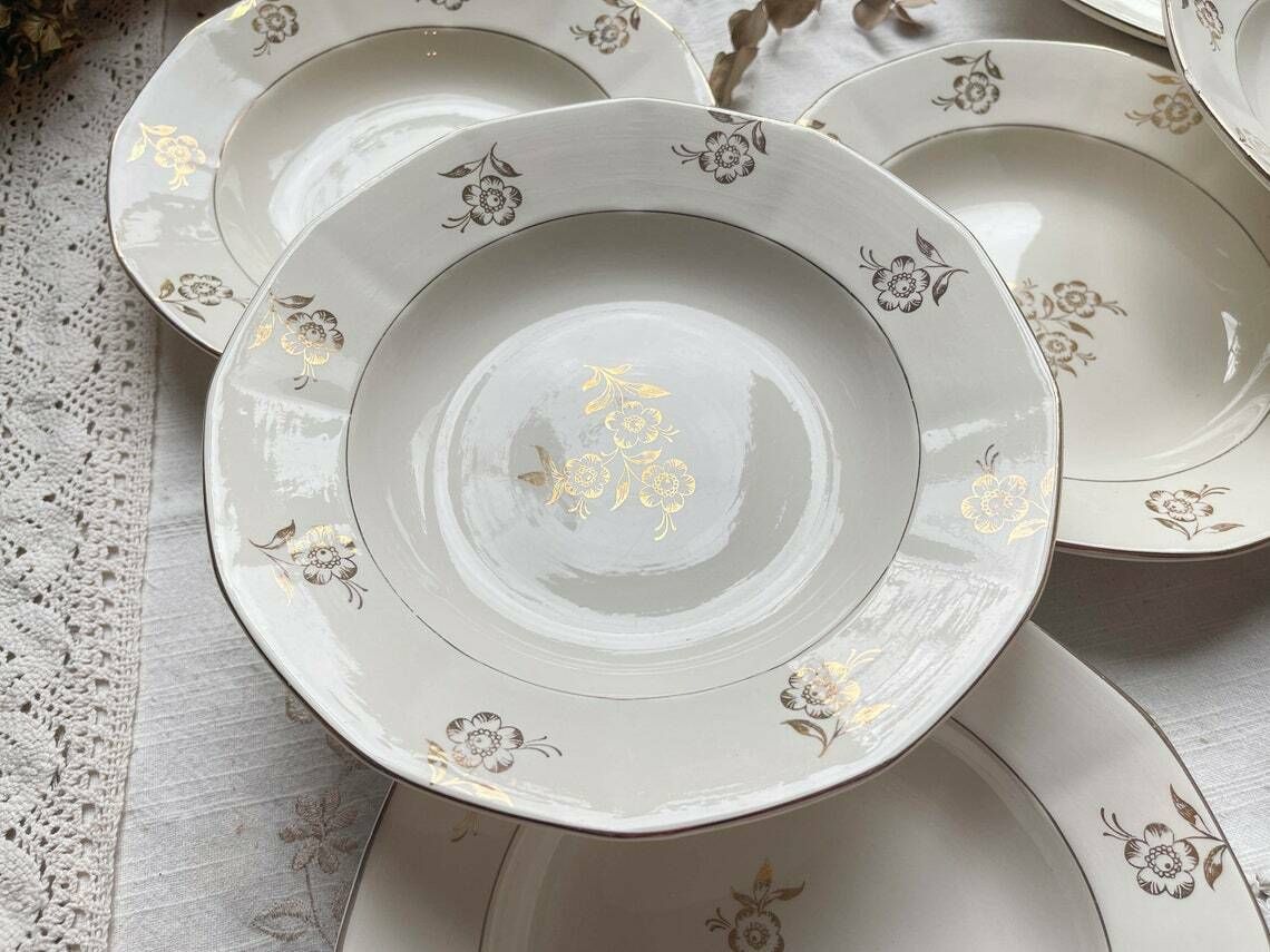 7 Vintage Porcelain Soup Plates Digoin Sarreguemines Model Raphael Golden Flower Pattern  Vintage Tableware  Golden Soup Plate photo Home Decor