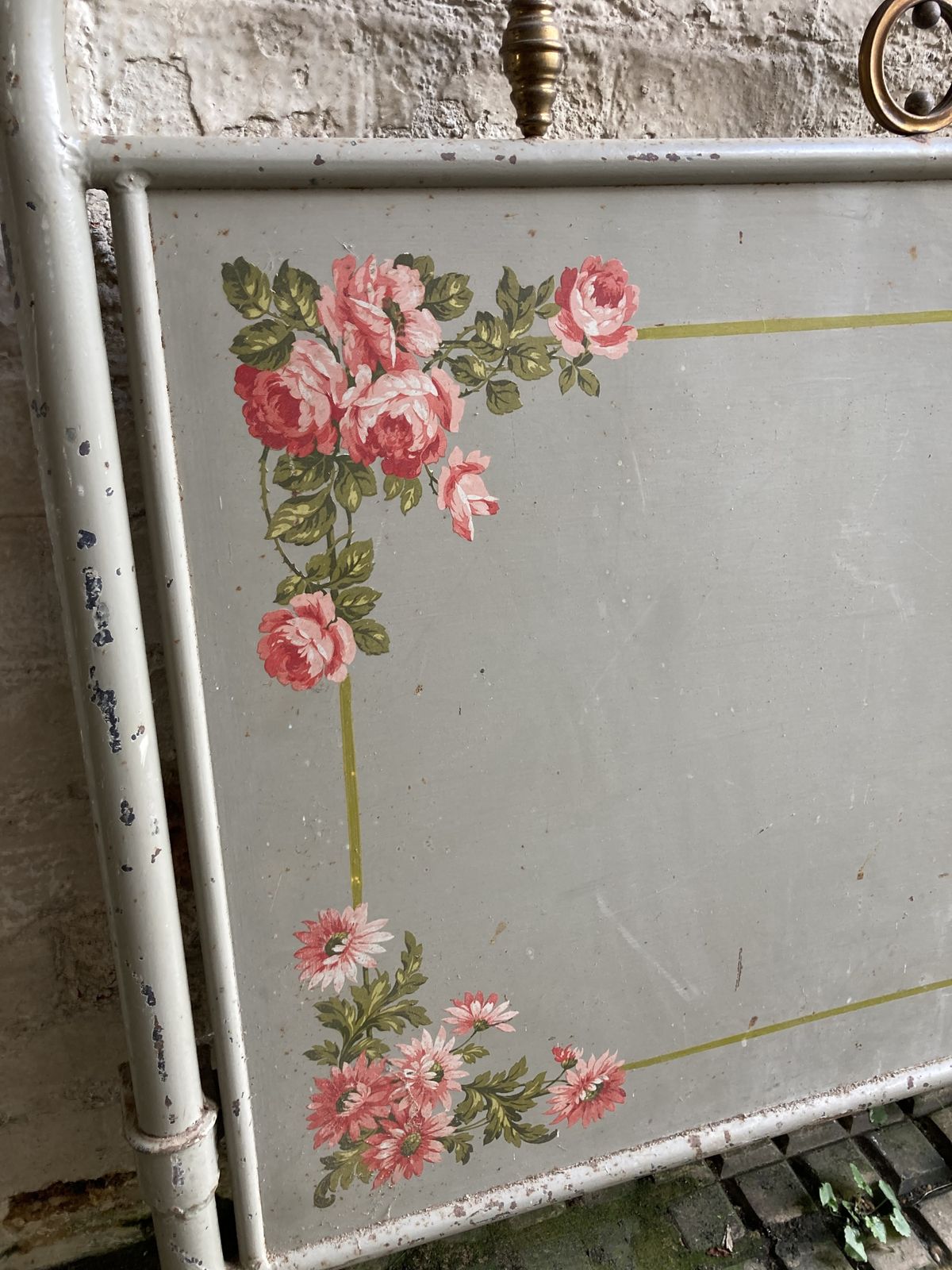 Charming French Steel And Brass Bed With Hand Painted Flora Detail And Pinstriping photo vinterior