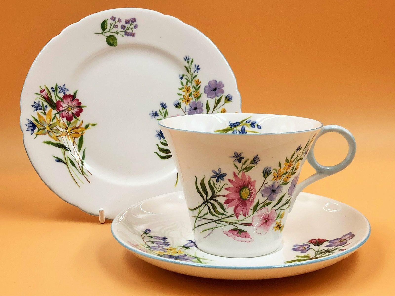 Shelley China Wild Flowers Regent Shape Tea Cup, Saucer And Side Plate Trio. 13668. C1935.