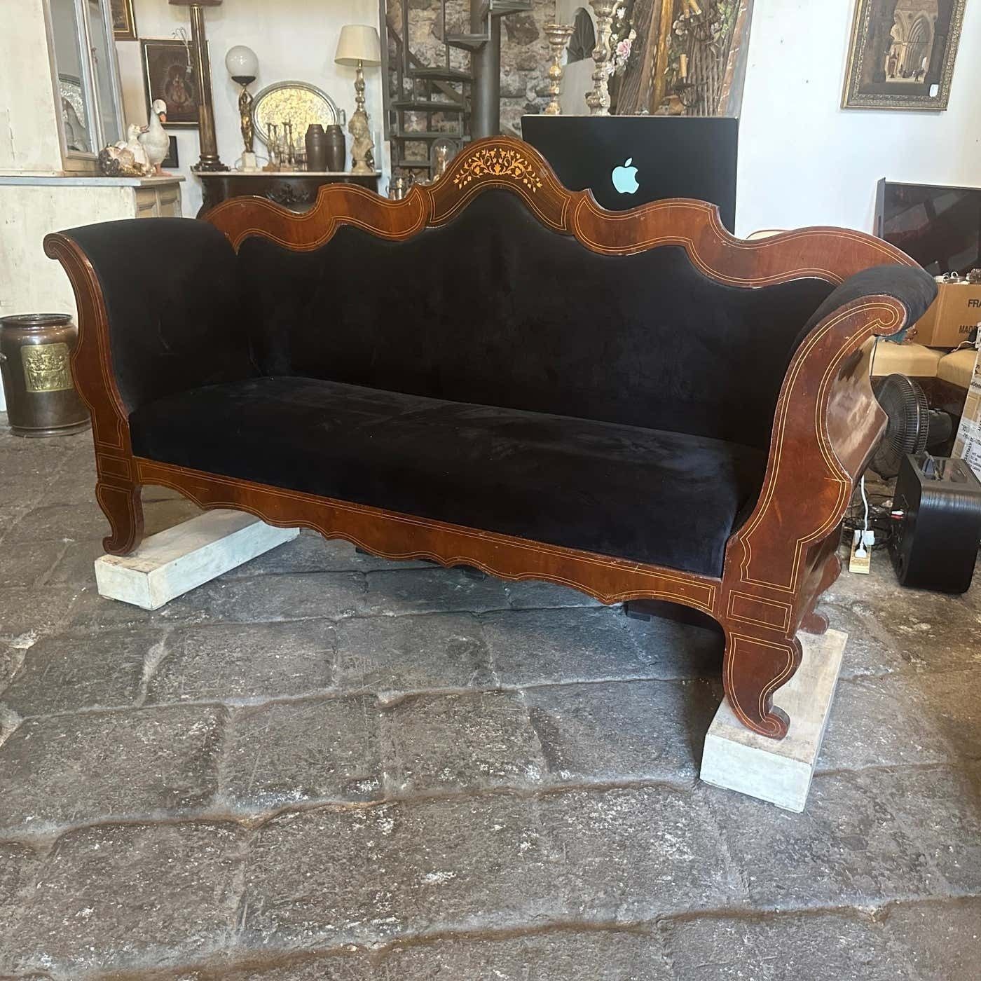 C. 1840 Charles X Inlaid Wood And Black Velvet Sicilian Sofa photo furniture