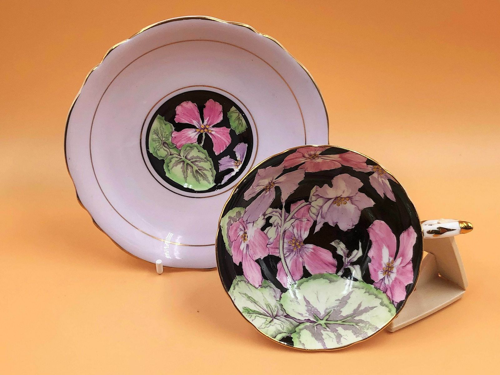 Paragon China Double Warranty Queen Mary Primrose Black Background On Pink Chintz Tea Cup And Saucer Duo. No. 7656.   Free Uk Post