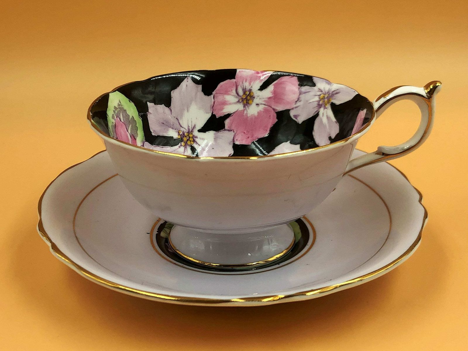 Paragon China Double Warranty Queen Mary Primrose Black Background On Pink Chintz Tea Cup And Saucer Duo. No. 7656.   Free Uk Post photo for sale