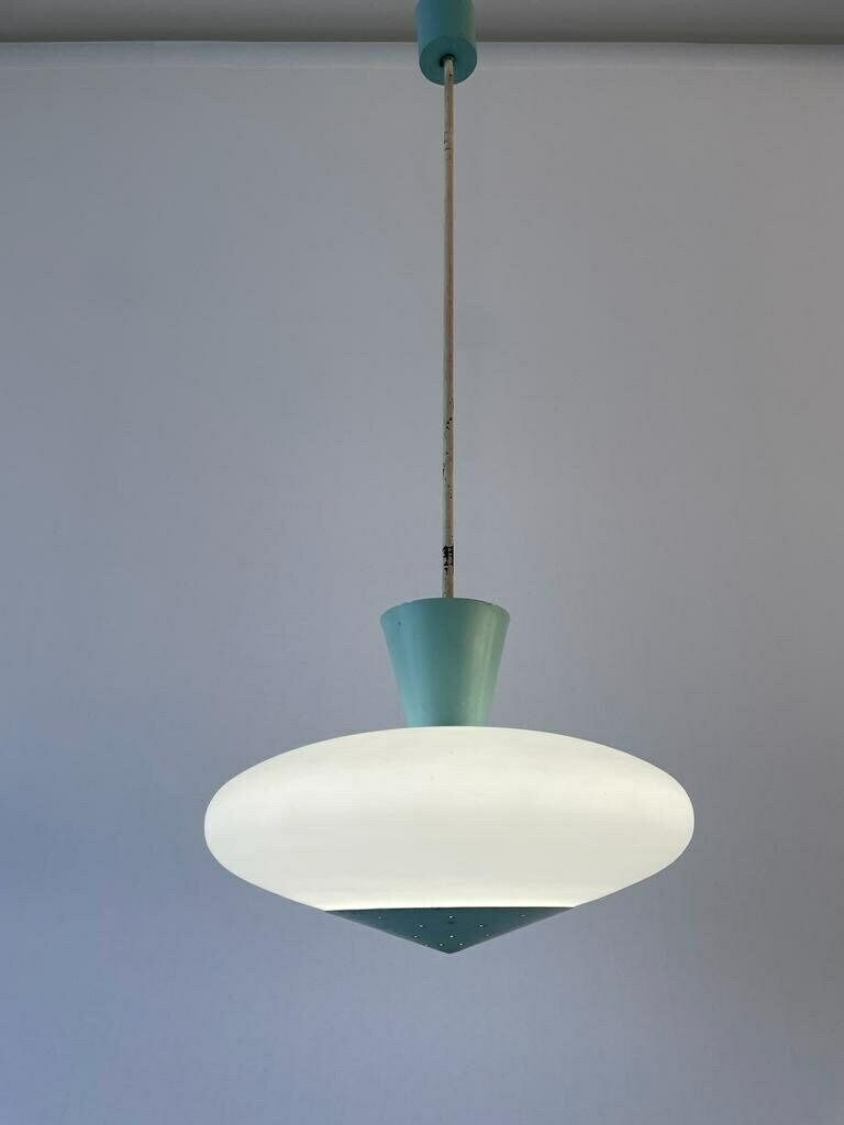 Mid Century Glass And Turquois Metal Ceiling Lamp By Angelo Lelli For Arredoluce, 1950s, Italy photo for sale