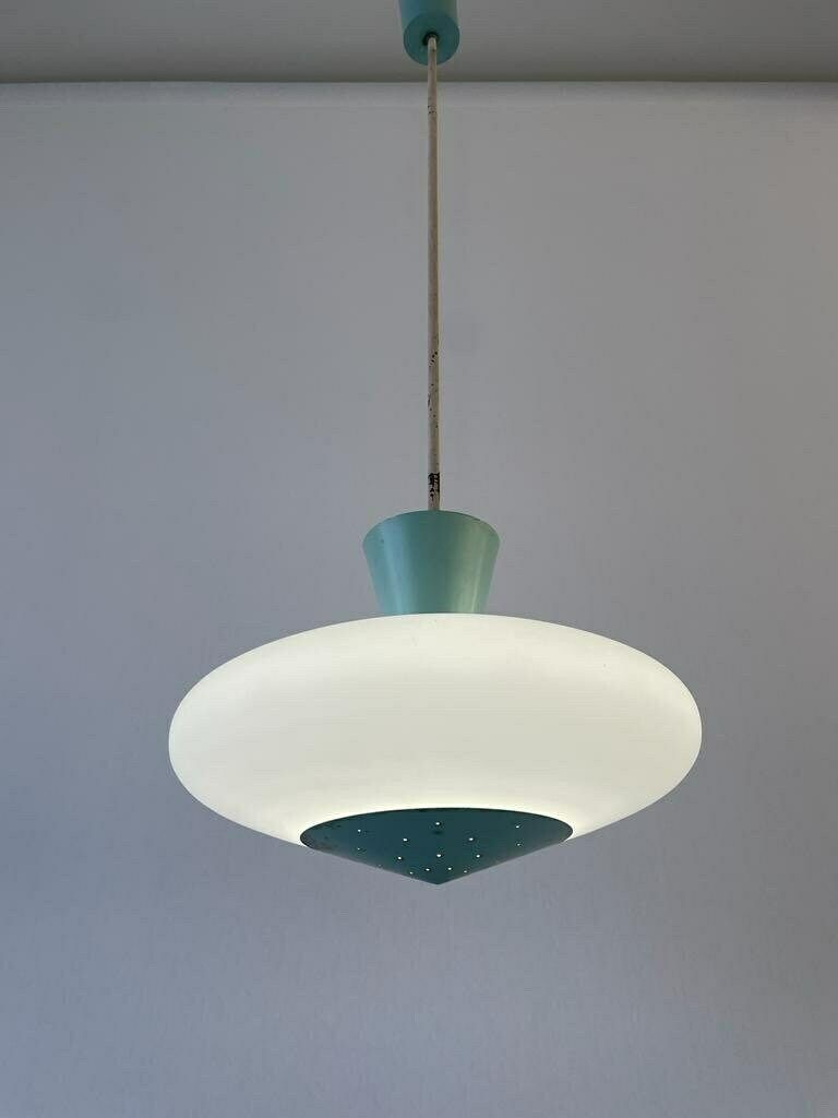 Mid Century Glass And Turquois Metal Ceiling Lamp By Angelo Lelli For Arredoluce, 1950s, Italy photo vintage
