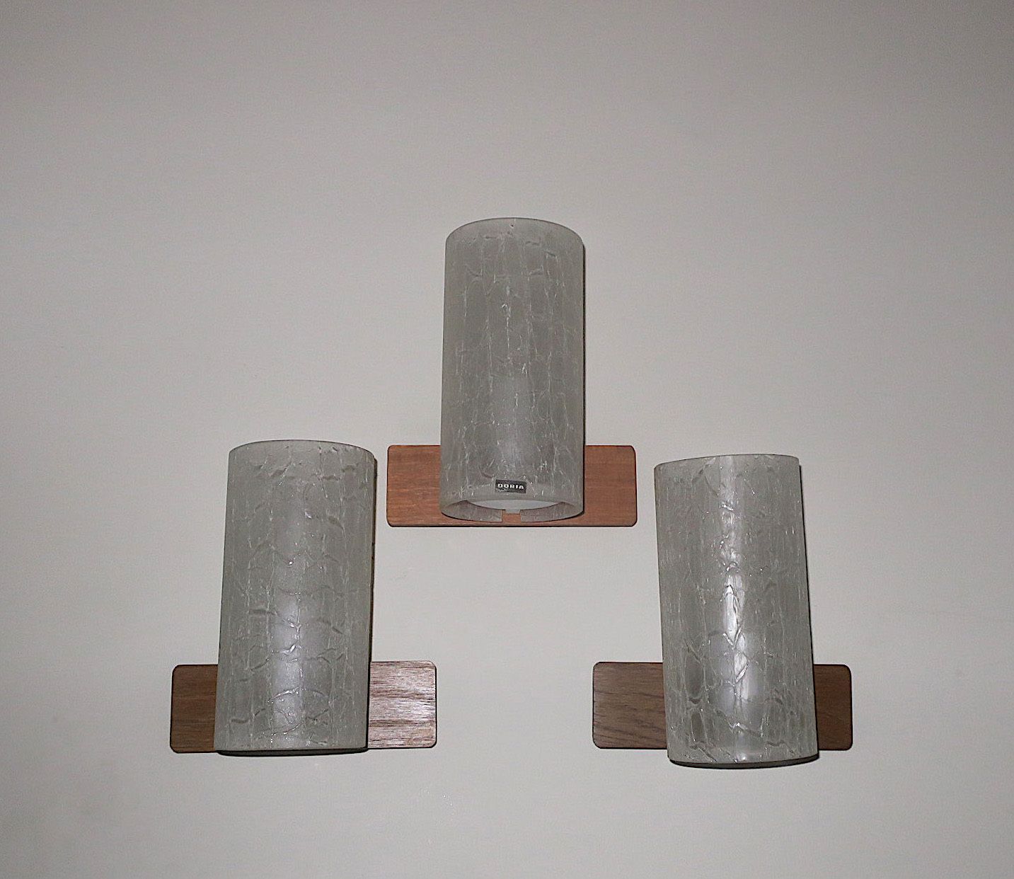 Set Of 3 Doria Frosted Crackled Glass And Teak Wall Lights, 1960s