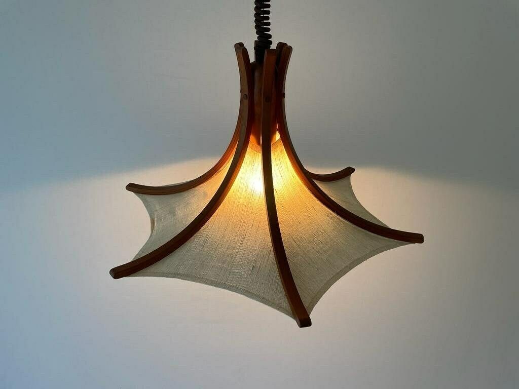 Linen And Wood Adjustable Height Pendant Lamp By Domus, 1980s, Italy photo Lighting