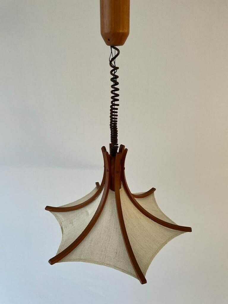Linen And Wood Adjustable Height Pendant Lamp By Domus, 1980s, Italy photo buy