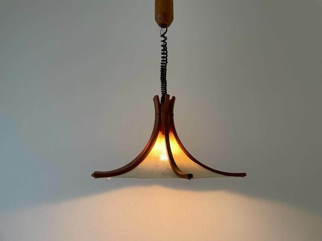 Linen And Wood Adjustable Height Pendant Lamp By Domus, 1980s, Italy photo vintage