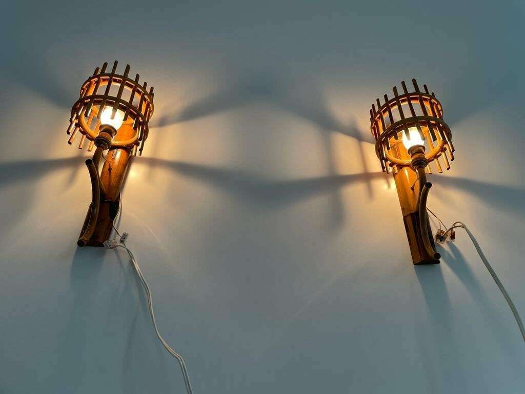 photo for sale Italian Mid Century Bamboo Pair Of Wall Lamps, 50s/60s, Italy