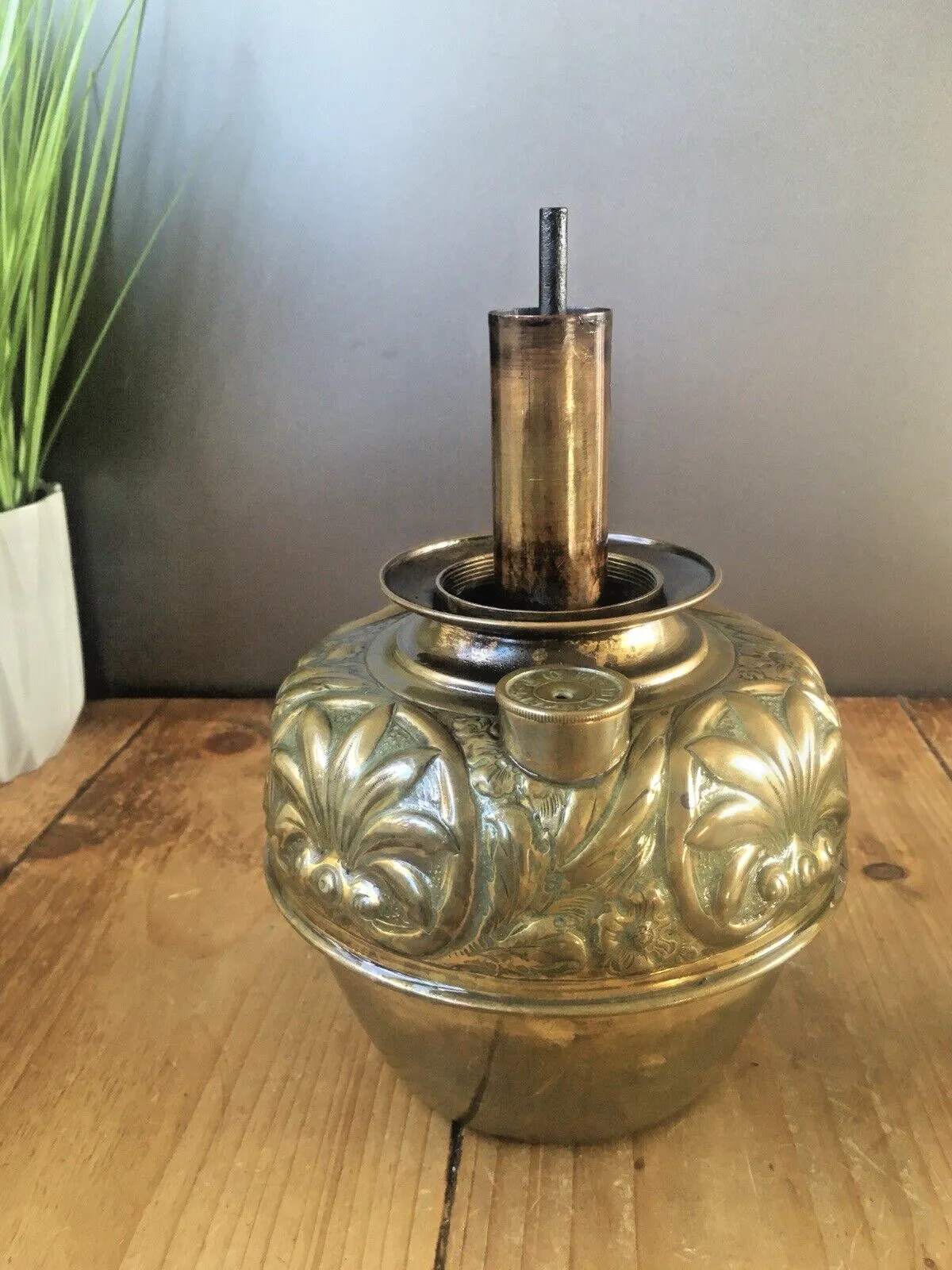 Antique Thermidor Improved Lampe Belge Floral Brass Oil Lamp Base Lantern Light photo for sale
