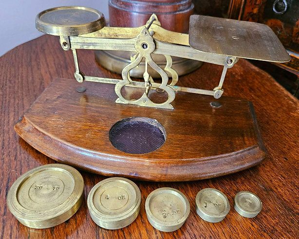 Antique Set Of Postal Or Letter Scales In Oak & Brass photo furniture