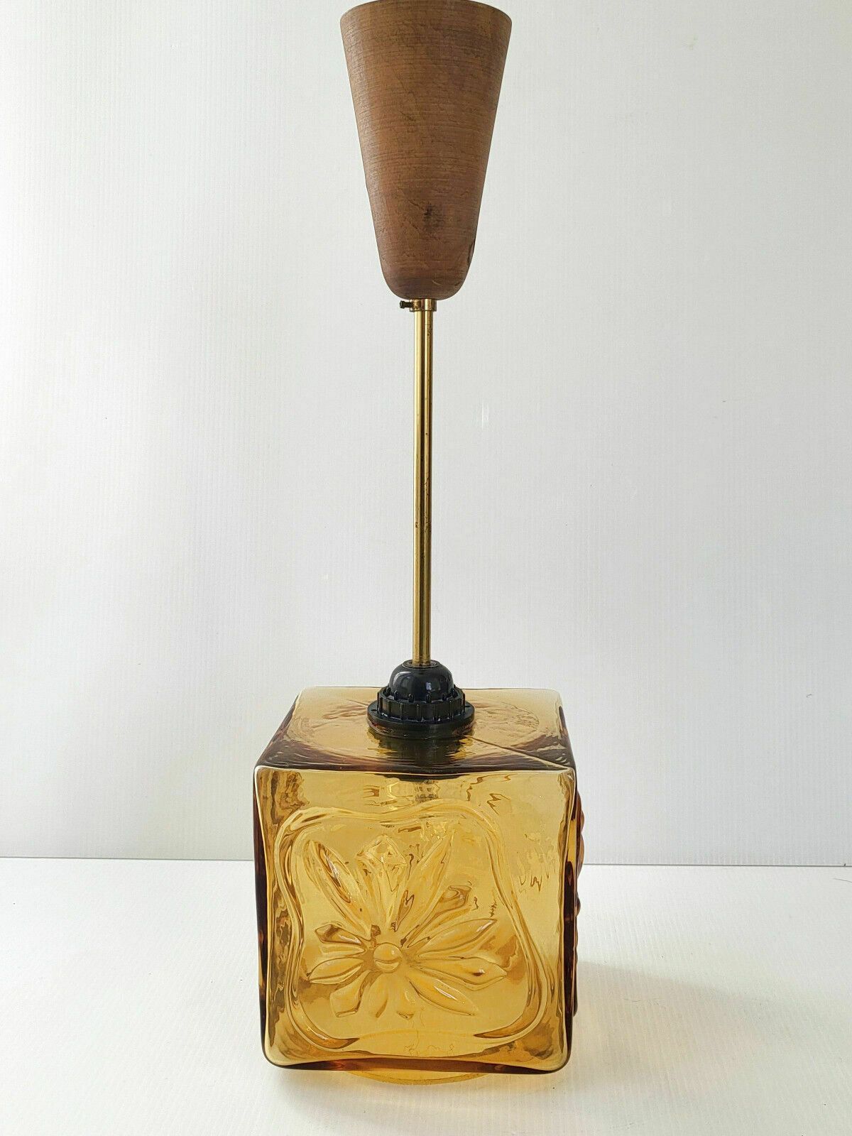 photo for sale Vintage Scandinavian Glass Pendant Chandelier 1960 Brass And Teak 60s 1960s