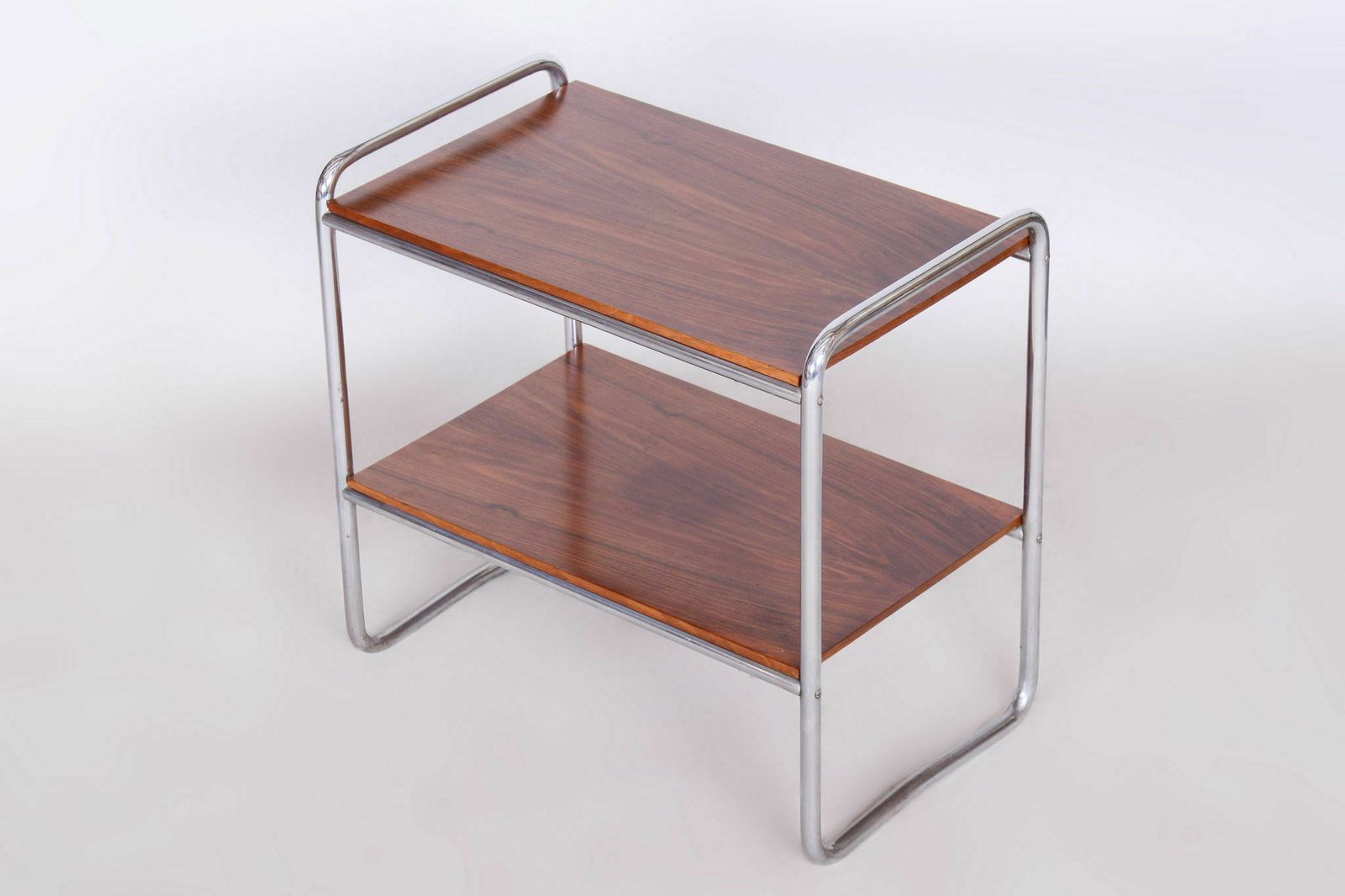 Restored Bauhaus Side Table, Walnut, Chrome Plated Steel, Czech, 1930s photo for sale