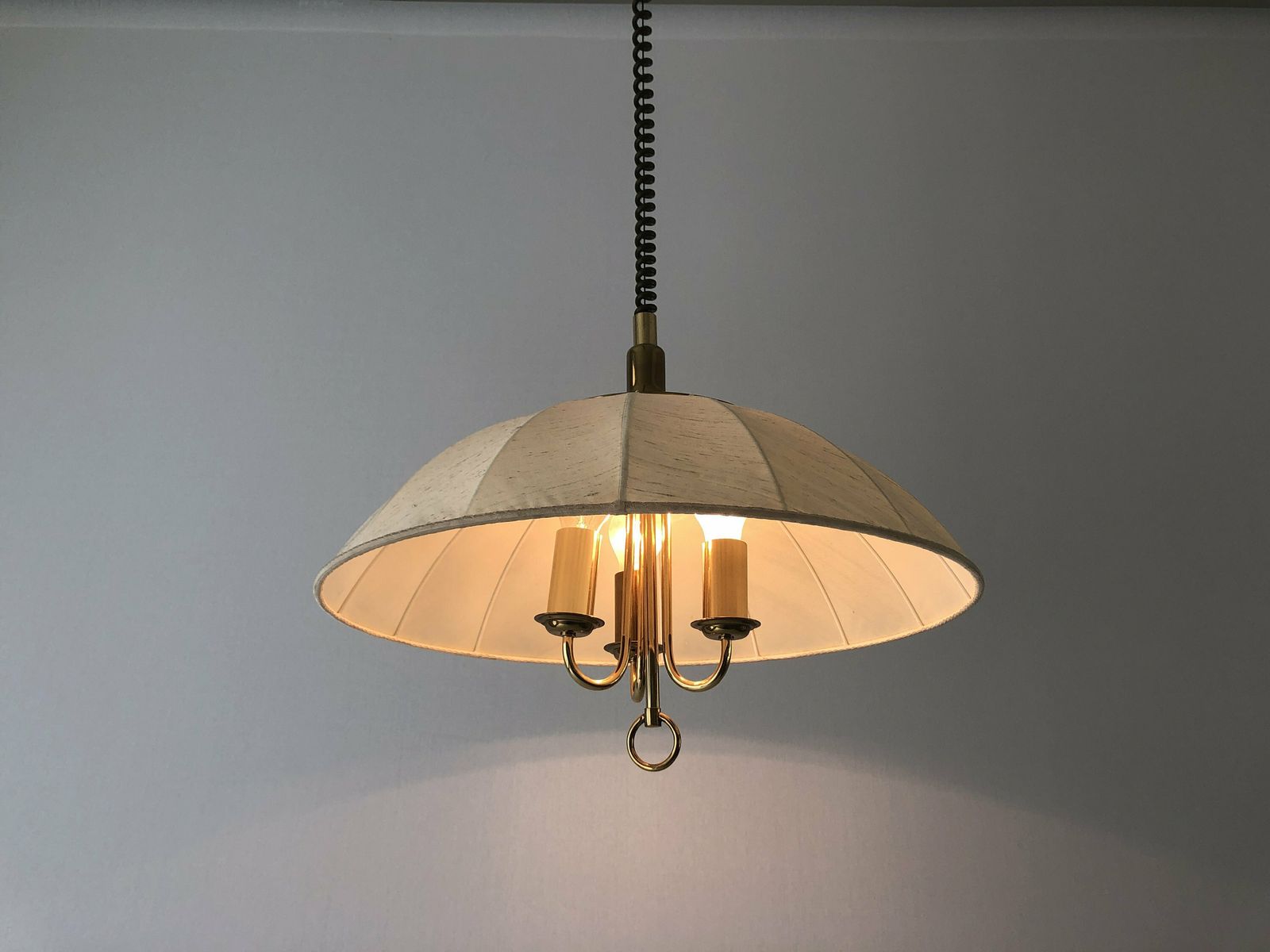 Wonderful Beige Fabric And Brass Adjustable Shade Mid Century Modern Xl Pendant Lamp By Schröder & Co, 1970s, Germany photo vintage