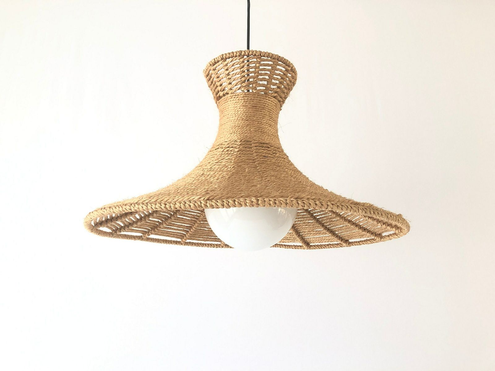 Handwoven Brown Thick Thread And Metal Body Xl Pendant With Ball Glass Shade, 1970s, Germany photo furniture