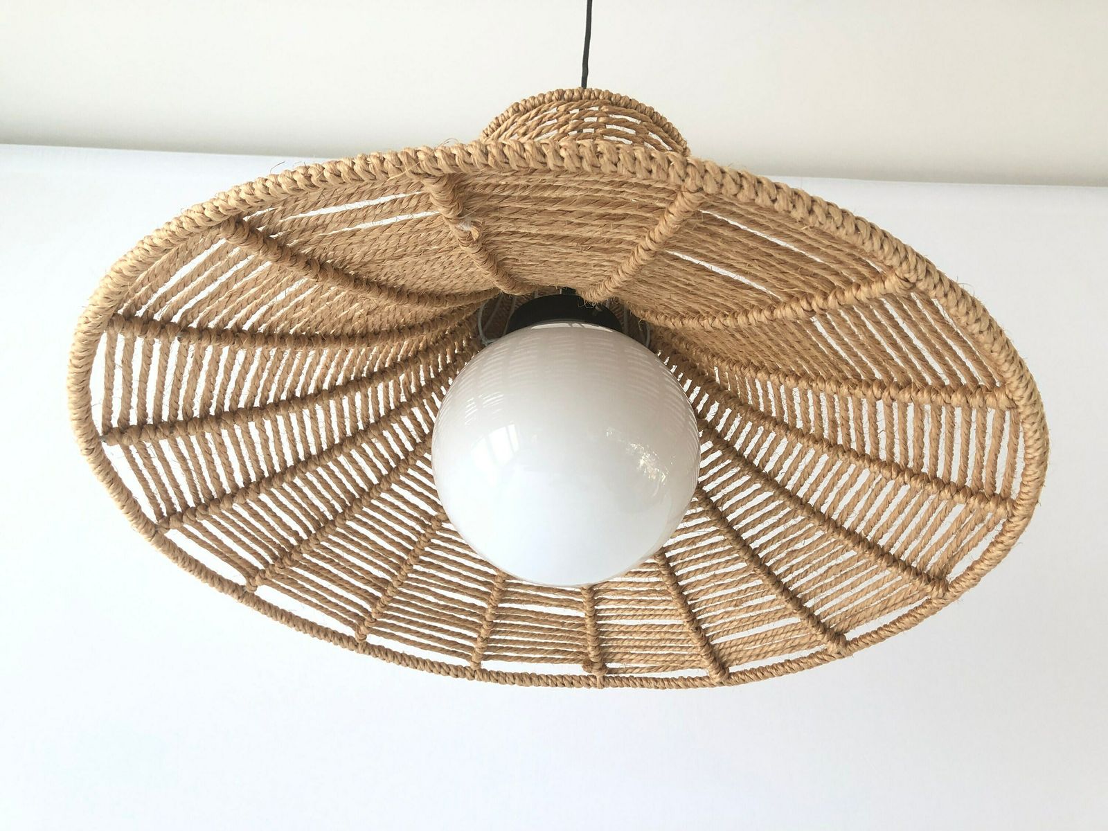 Handwoven Brown Thick Thread And Metal Body Xl Pendant With Ball Glass Shade, 1970s, Germany photo 1412.0
