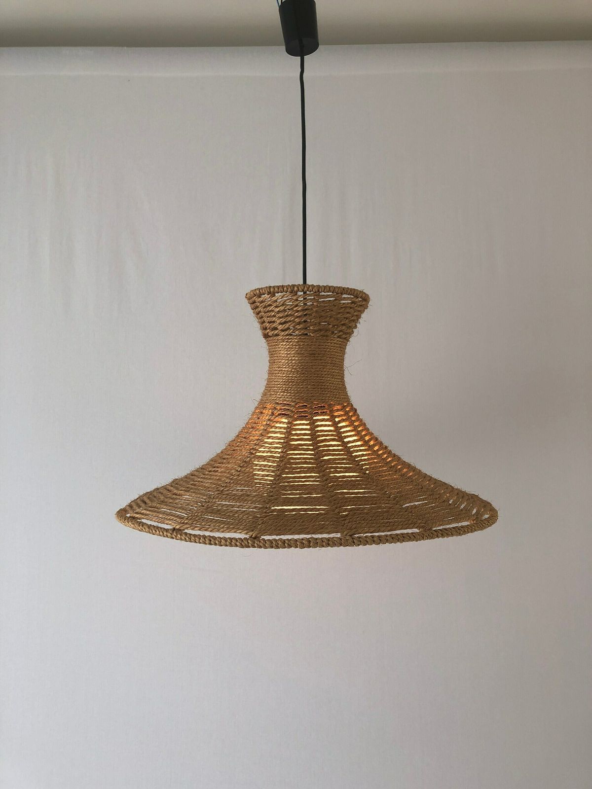 Handwoven Brown Thick Thread And Metal Body Xl Pendant With Ball Glass Shade, 1970s, Germany photo vintage