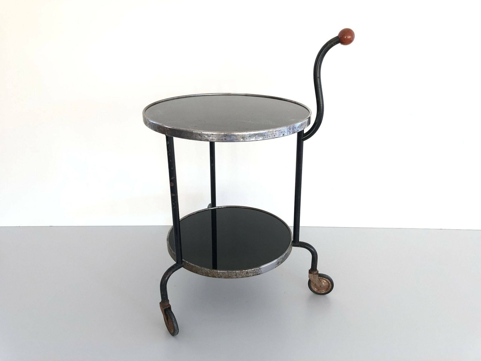 Art Deco 2 Layer Glass Rare Rolling Bar Cart With Ball Top Handle, 1940s