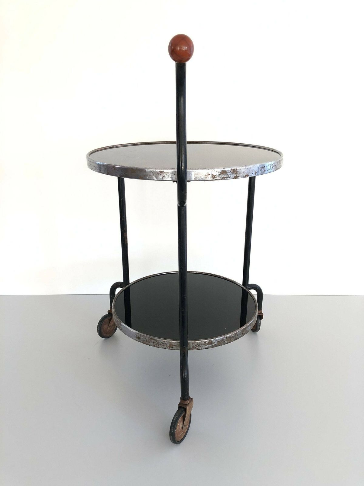 Art Deco 2 Layer Glass Rare Rolling Bar Cart With Ball Top Handle, 1940s photo for sale