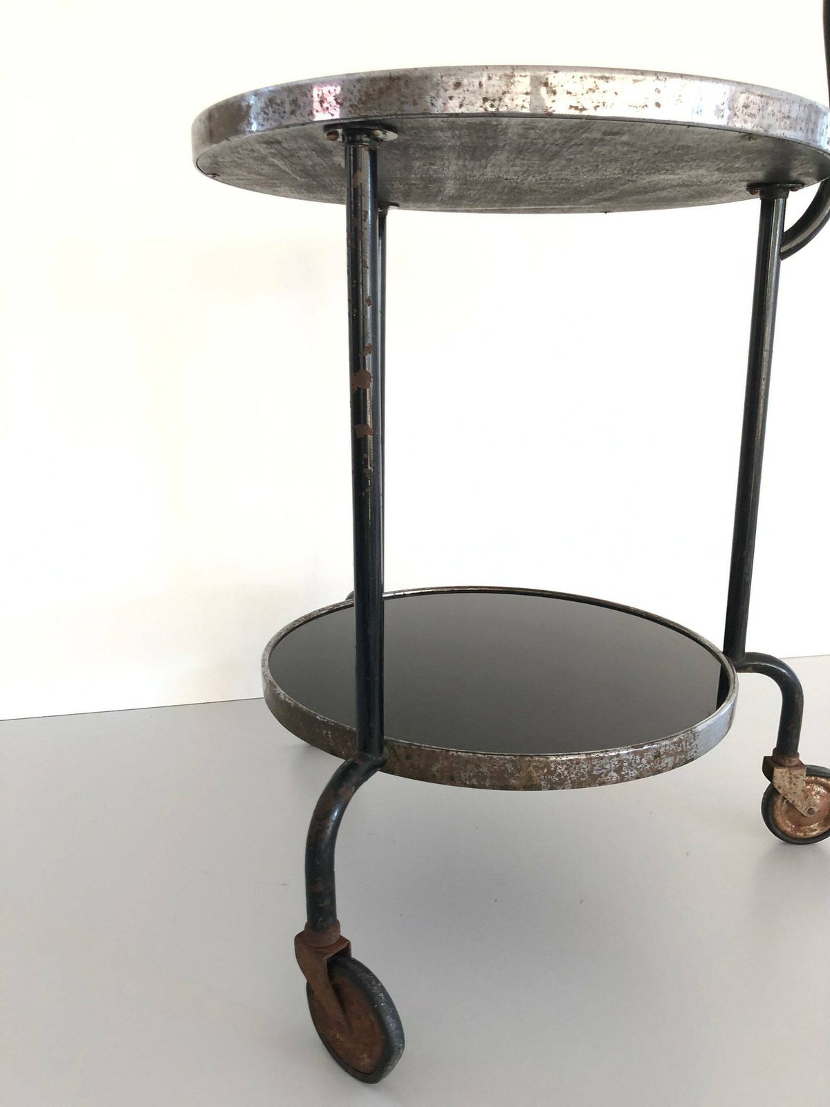 Art Deco 2 Layer Glass Rare Rolling Bar Cart With Ball Top Handle, 1940s photo 1356.0