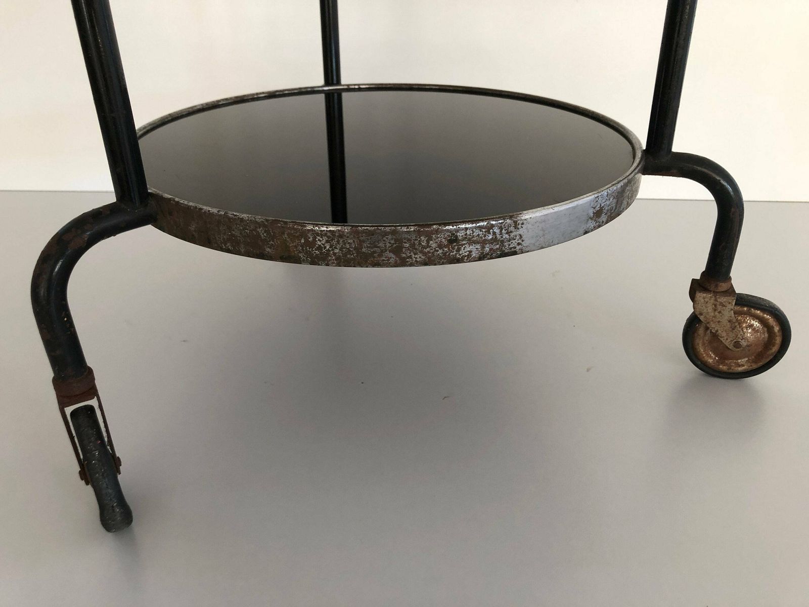 photo furniture Art Deco 2 Layer Glass Rare Rolling Bar Cart With Ball Top Handle, 1940s