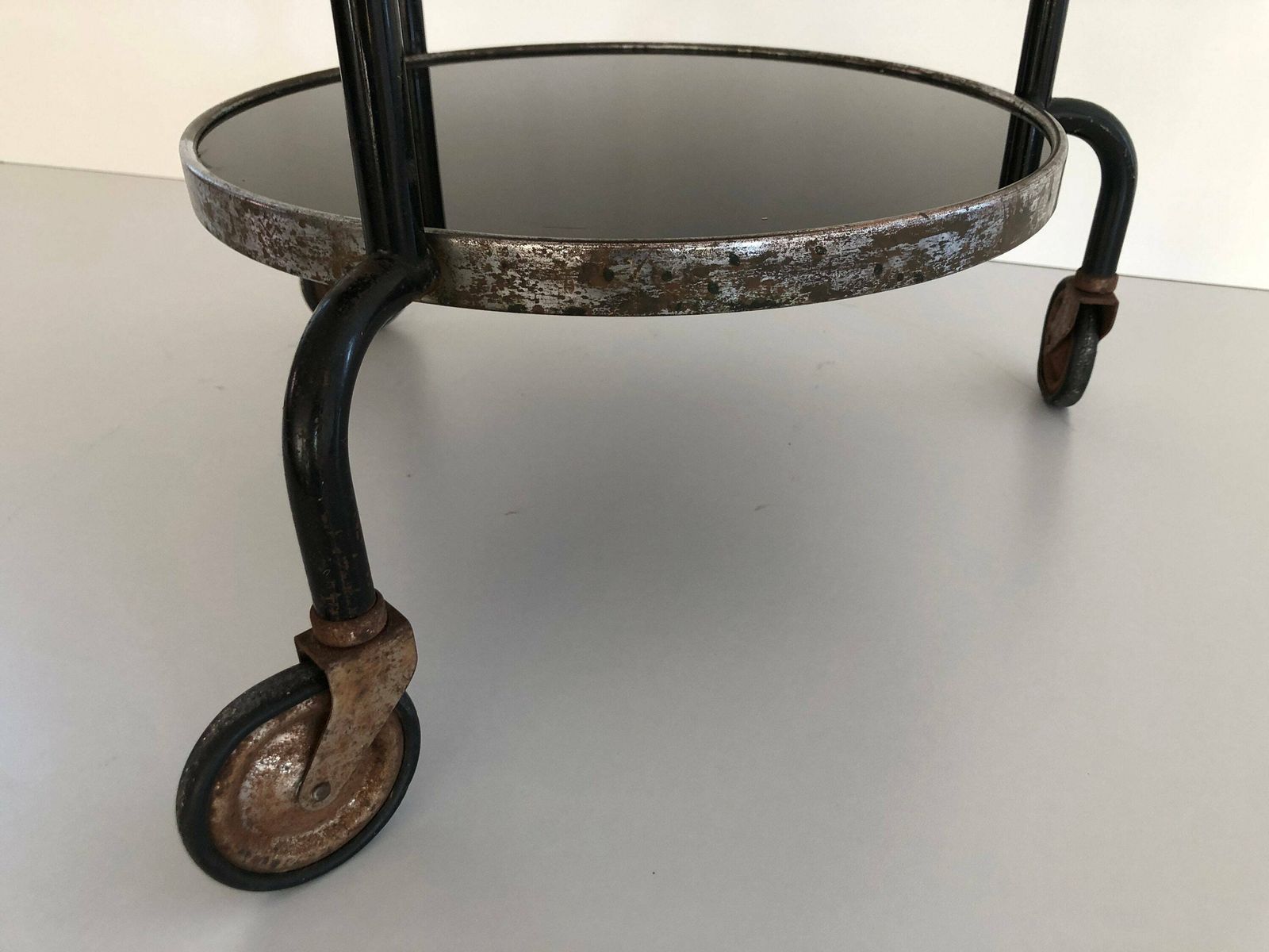 photo for sale Art Deco 2 Layer Glass Rare Rolling Bar Cart With Ball Top Handle, 1940s