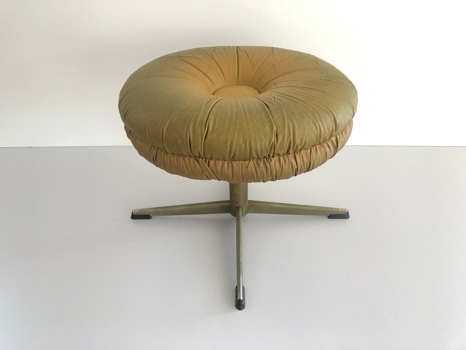 Rare Yellow Green Lux Leather Swivel Stool By Isku, 1960s, Finland photo furniture
