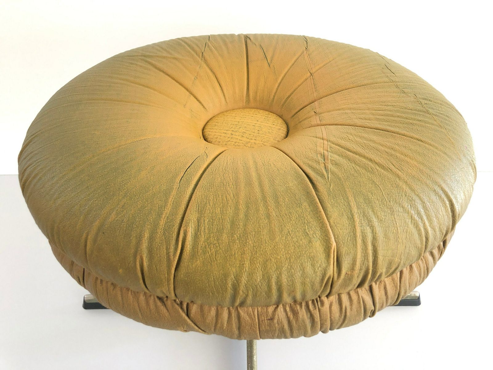 Rare Yellow Green Lux Leather Swivel Stool By Isku, 1960s, Finland photo vinterior