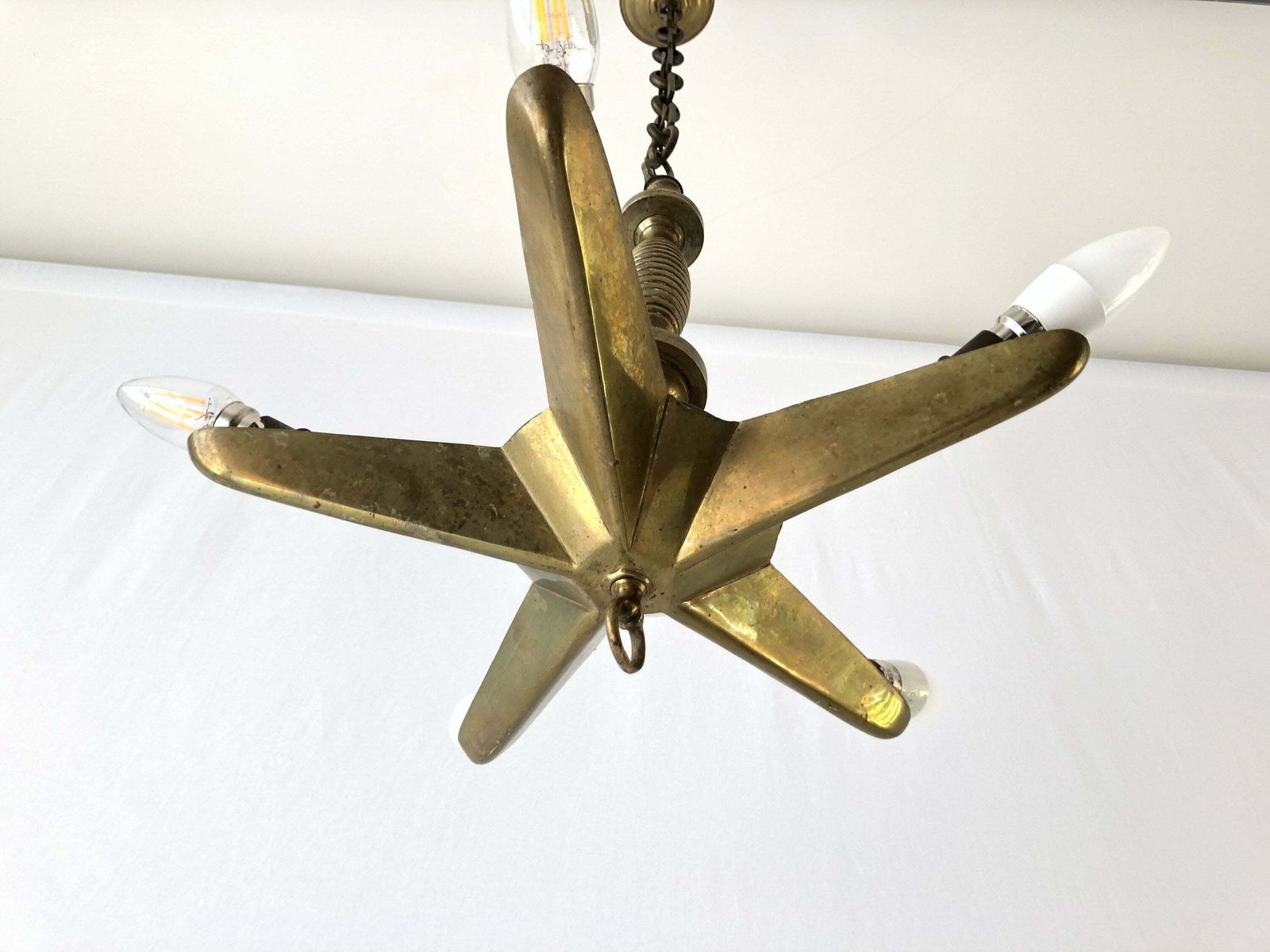 Unique Full Brass Star Design Church Chandelier, 30/40s, France photo vintage