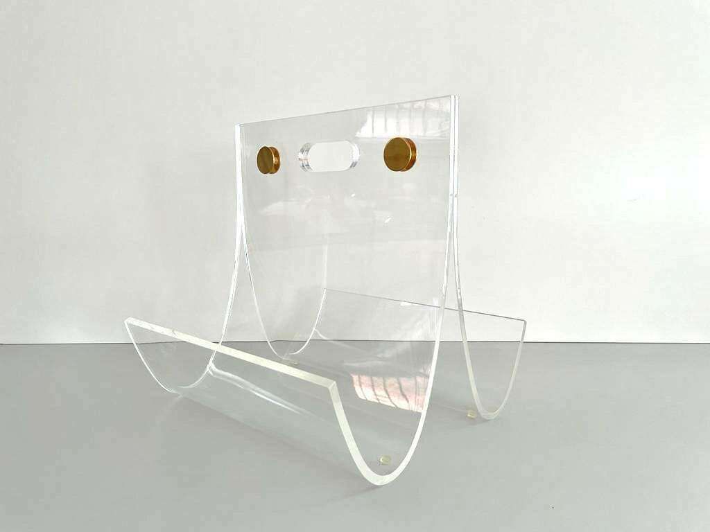 Elegant Heavy Thick Lucite Plexiglass Magazine Rack With Gold Details, 1970s photo furniture