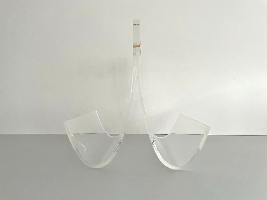 Elegant Heavy Thick Lucite Plexiglass Magazine Rack With Gold Details, 1970s photo for sale