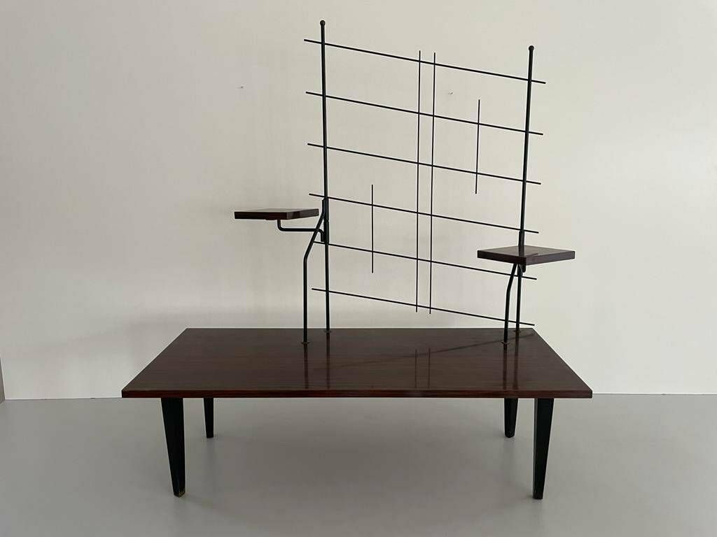 Mid Century Design Wood And Black Metal Geometric Backside Plant Stand, 1950s, France