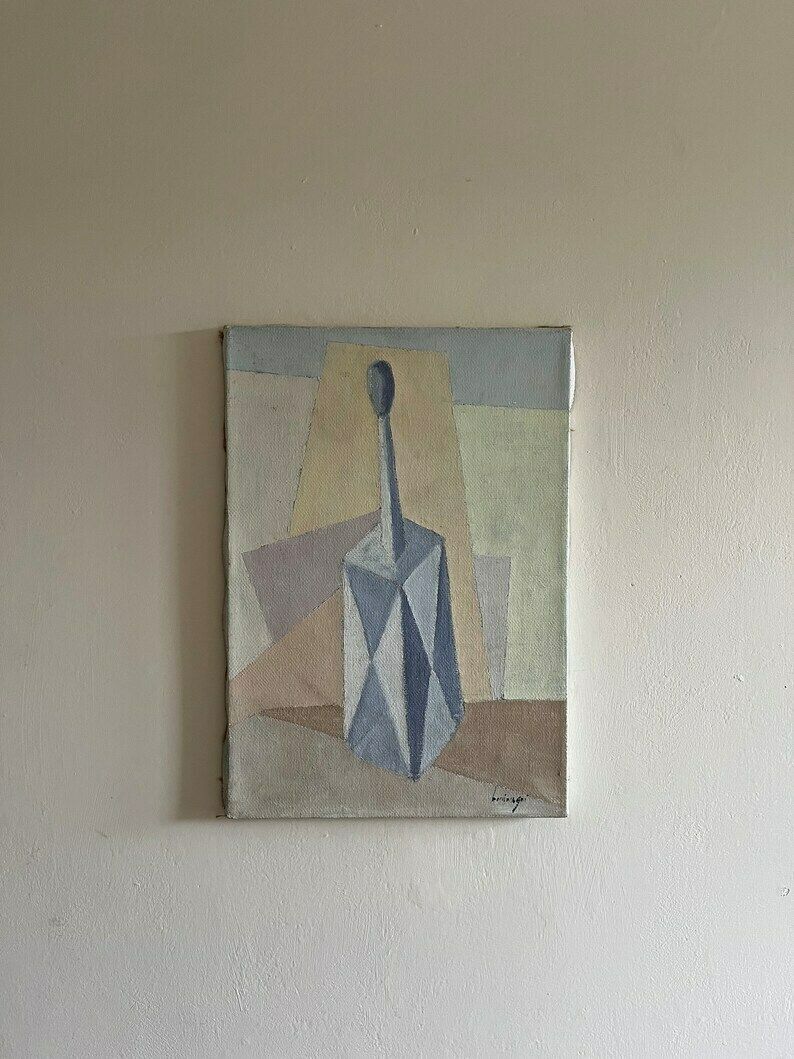 Italian Mid Century Cubist Oil On Canvas Painting Vintage Original Artwork In Pastel Colours Signed By Artist