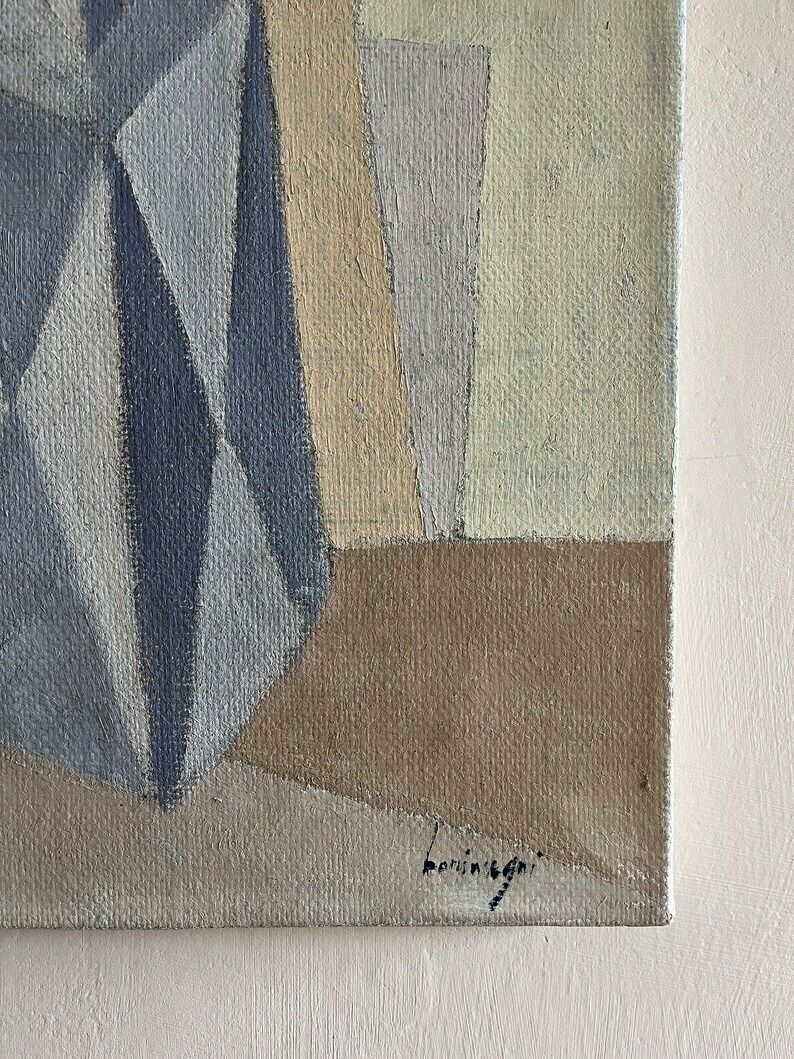 Italian Mid Century Cubist Oil On Canvas Painting Vintage Original Artwork In Pastel Colours Signed By Artist photo Art
