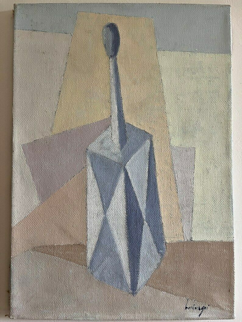 Italian Mid Century Cubist Oil On Canvas Painting Vintage Original Artwork In Pastel Colours Signed By Artist photo vintage