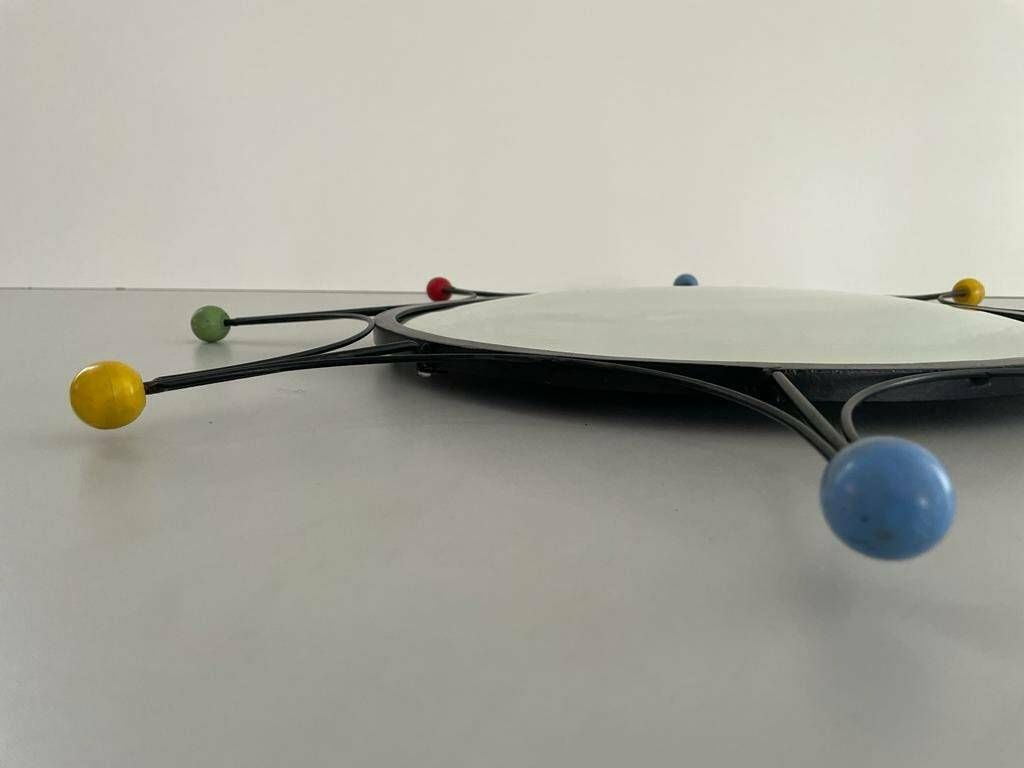 Round Black Metal Atomic Style Wall Mirror, 1980s, France photo Home Decor