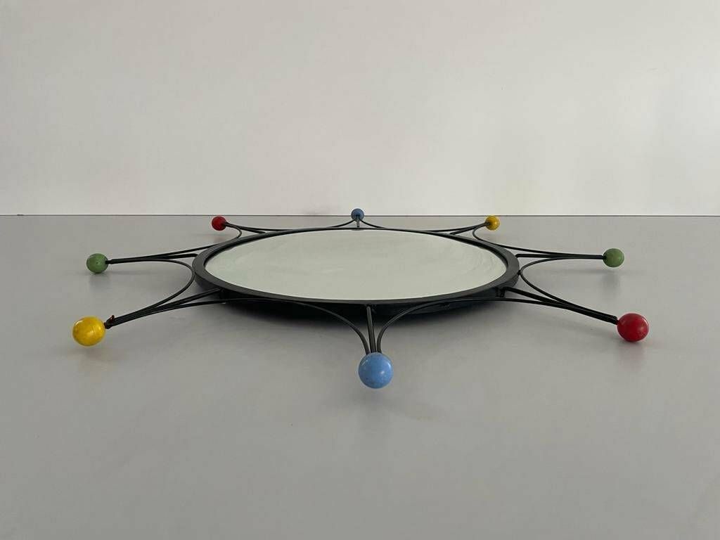 Round Black Metal Atomic Style Wall Mirror, 1980s, France photo buy