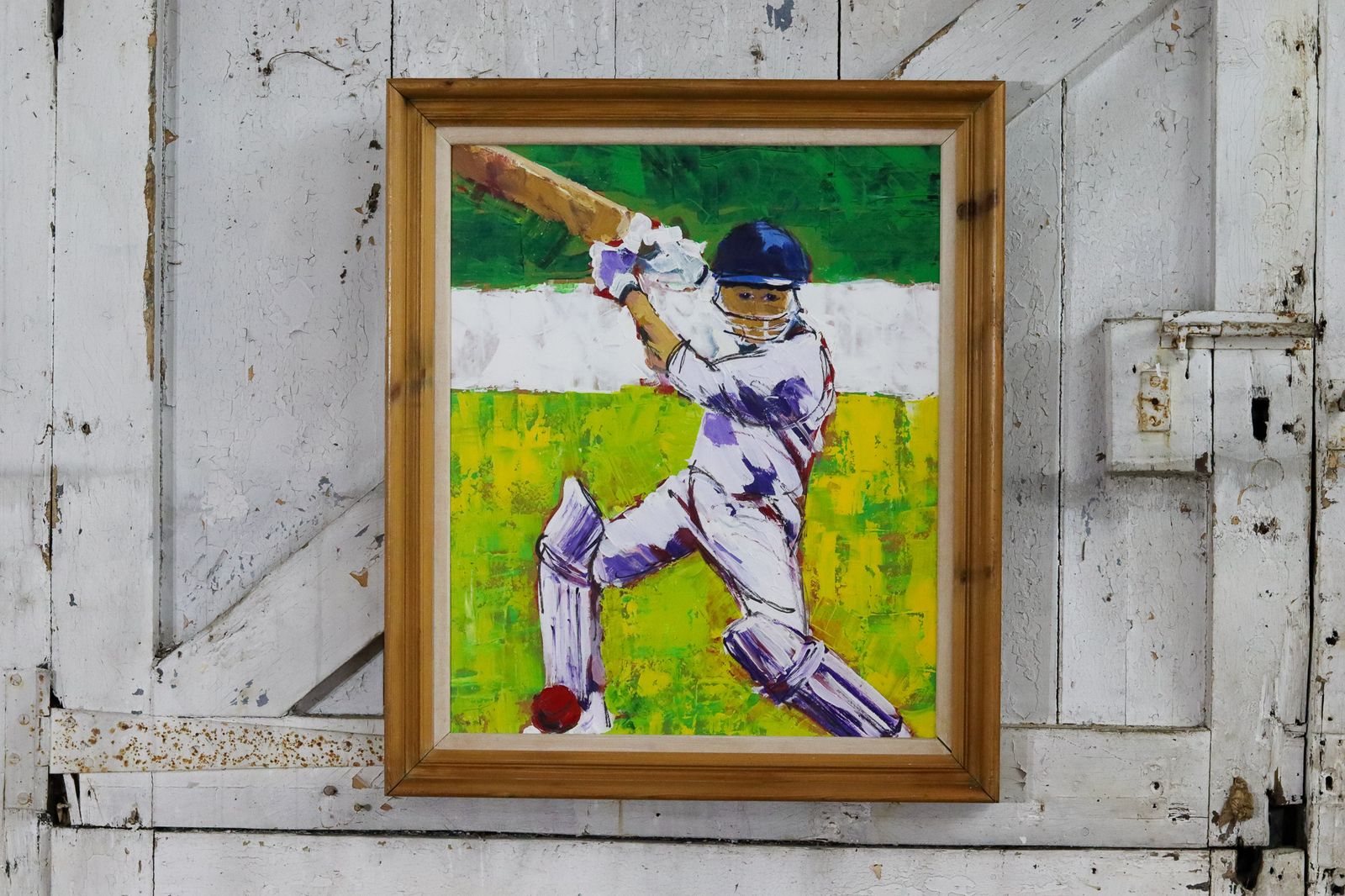 Cricketer Oil Painting, 1980s, Vintage photo Art