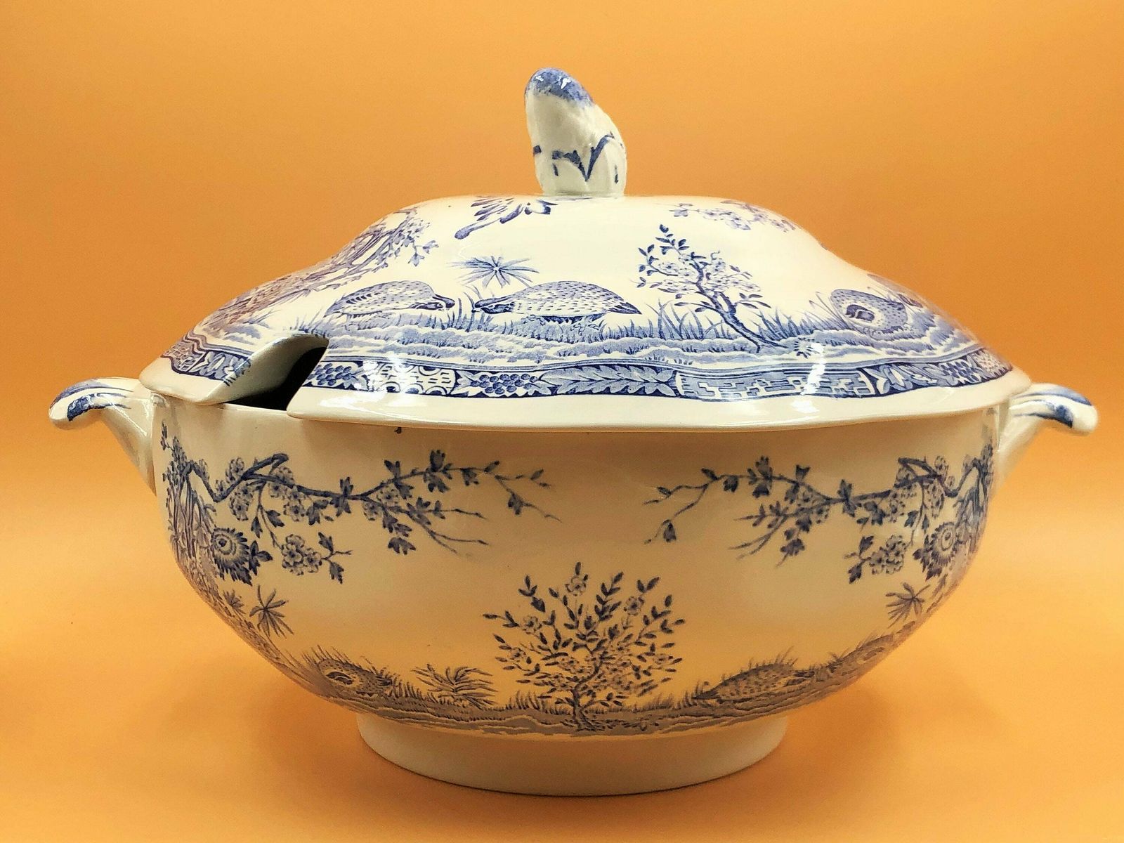 Stunning Antique Furnivals Blue & White Quail Design Serving Tureen. C1913.   Free Uk Post.