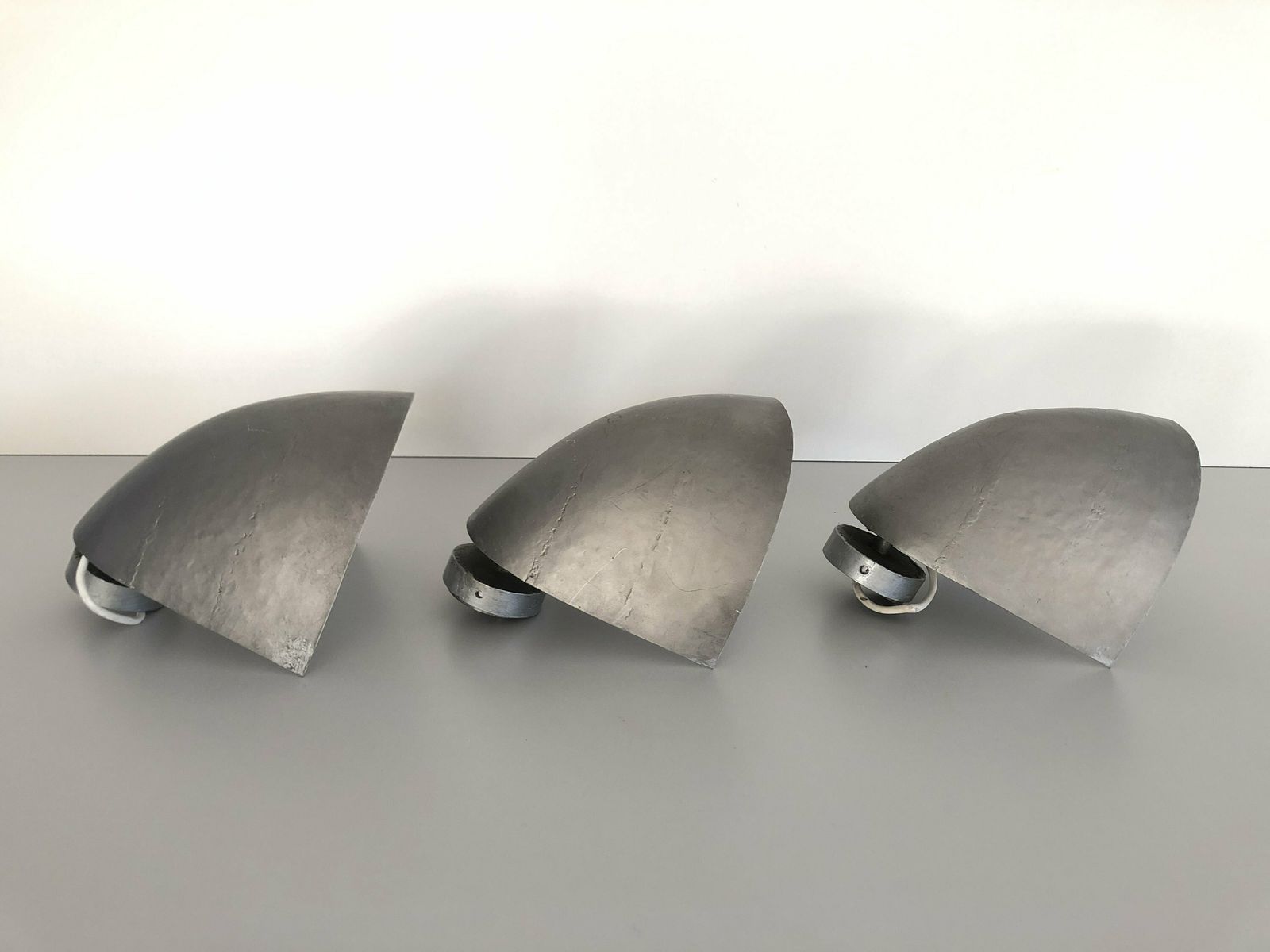 Gray Curved Metal Industrial Set Of 3 Church Sconces, 40s/50s, Germany photo for sale
