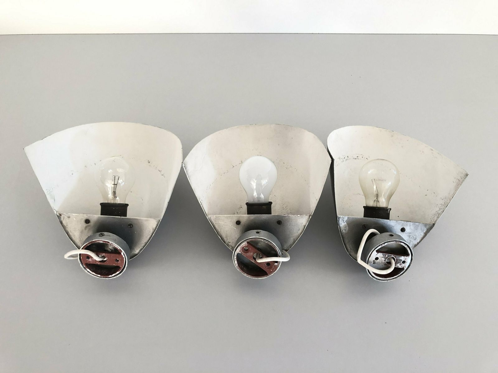 Gray Curved Metal Industrial Set Of 3 Church Sconces, 40s/50s, Germany photo vintage