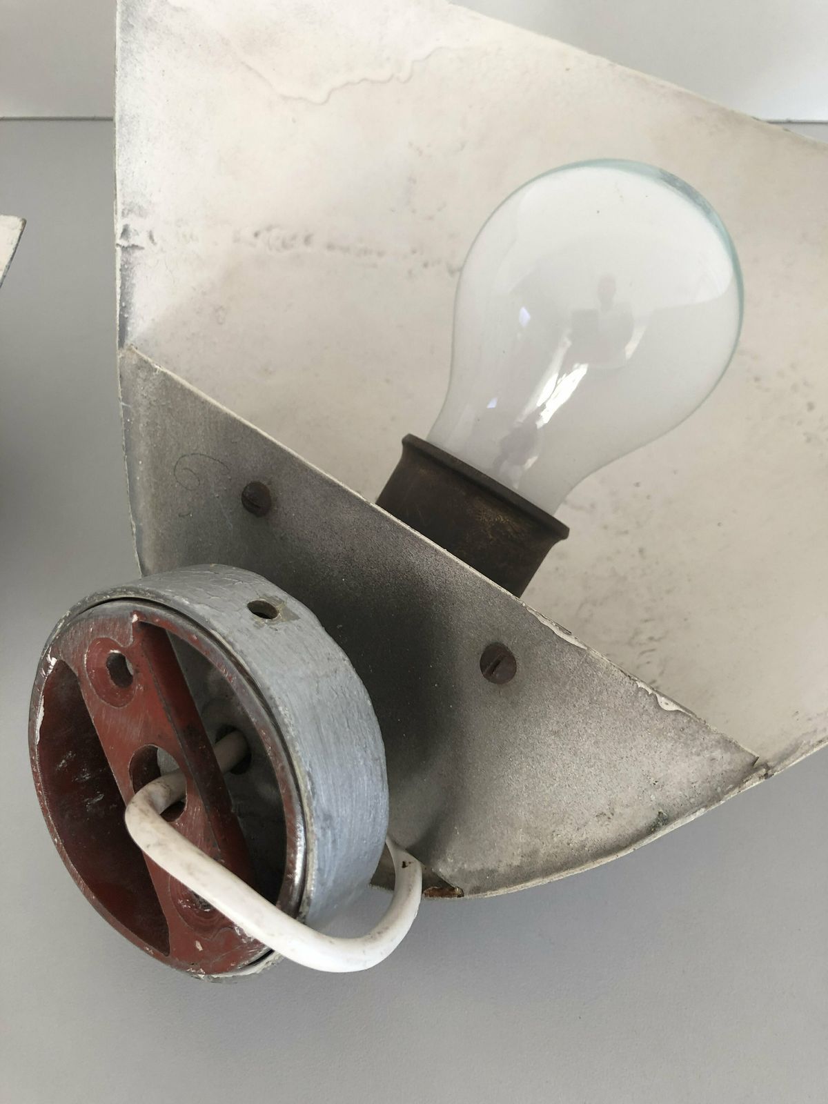 photo for sale Gray Curved Metal Industrial Set Of 3 Church Sconces, 40s/50s, Germany